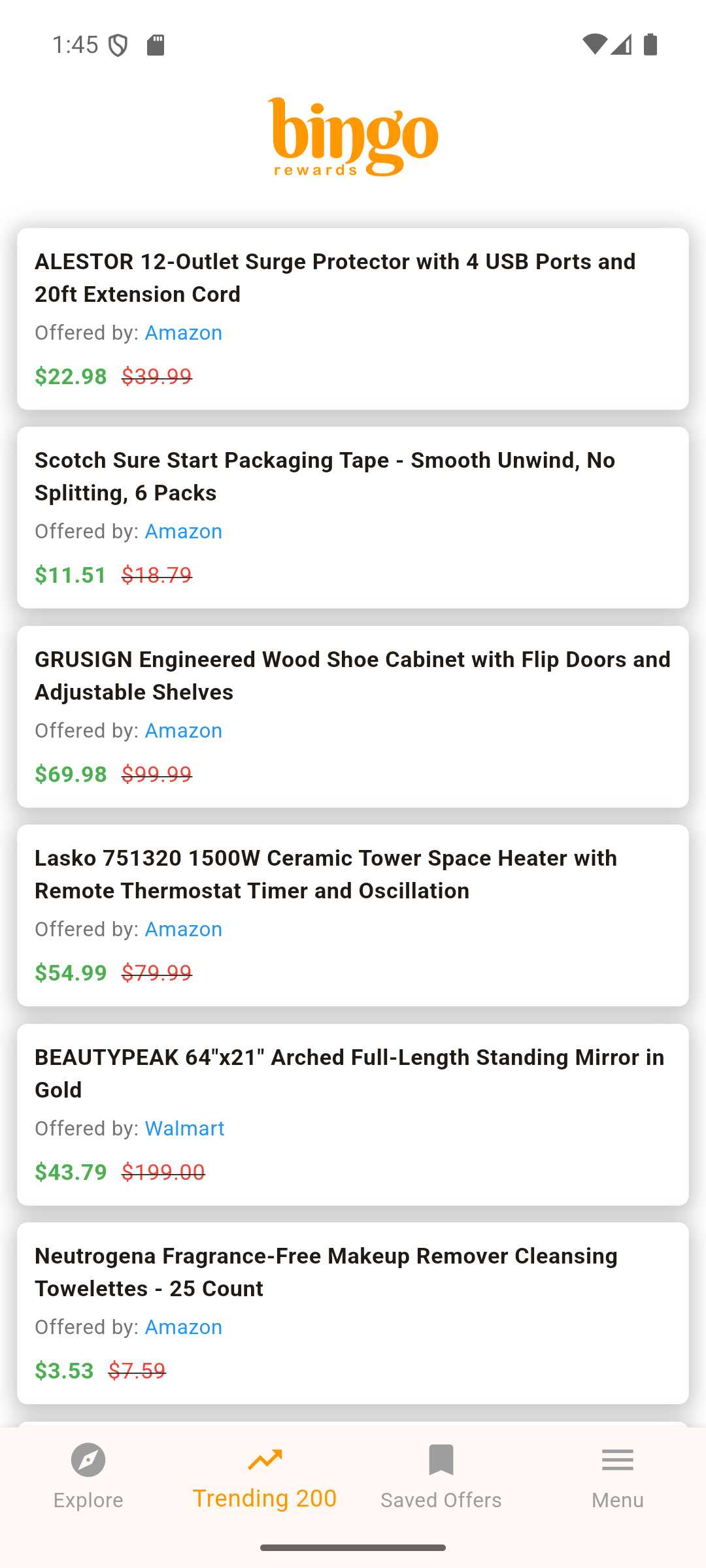 Bingo Rewards - Explore trending deals screen